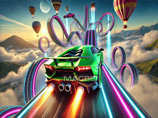 Image of a vibrant green sports car racing up a neon-lit stunt ramp with flames bursting from its exhaust. The background features looping stunt tracks, colorful hot air balloons, and a stunning mountain landscape under a bright sky.