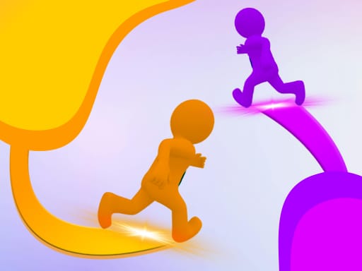 Image of two colorful cartoon-like figures racing along curved, glowing paths in vibrant orange and purple tones. The foreground character, in orange, runs confidently on a bright path, while the purple figure follows close behind on a similarly glowing path. The background features a smooth gradient of soft yellow, orange, and purple, creating a dynamic and energetic atmosphere that highlights the competitive nature of the game.