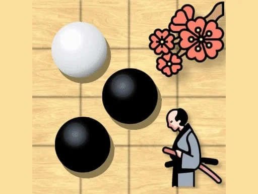 Image of a Gomoku board showcasing black and white stones strategically placed on a wooden grid, symbolizing the classic game. The background features decorative cherry blossoms and a traditional samurai figure, adding an artistic and cultural touch to the scene.