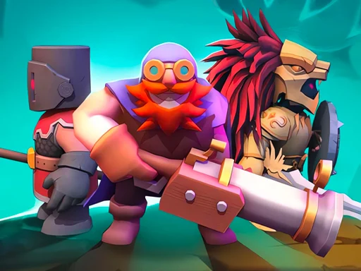 Image of three colorful, stylized characters from Mythic Auto Chess Realms, featuring a knight with armor, a wizard with a cannon, and a lion-themed warrior, standing in a vibrant fantasy setting.