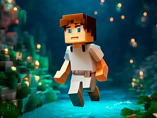 Image of a blocky, pixel-style character wearing a white outfit and appearing determined as they run through a vibrant and glowing cave environment. The cave is filled with lush green moss, glowing plants, and sparkling lights that create a mystical atmosphere. The ground is illuminated by a soft blue glow, and warm light dots float gently in the background, enhancing the depth and fantasy-like setting of the scene. The character is mid-action, emphasizing movement and urgency.