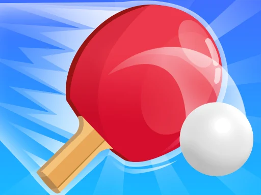 Image of a vibrant red ping pong paddle with a wooden handle striking a white ping pong ball in mid-motion, set against a dynamic blue background with streaks suggesting speed and energy.