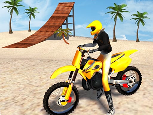 Image of a motocross rider dressed in vibrant yellow gear, seated on a yellow dirt bike on a sunny beach. The scene features palm trees scattered across the sandy landscape, a clear blue sky, and a prominent wooden stunt ramp in the background, adding a sense of adventure and excitement.