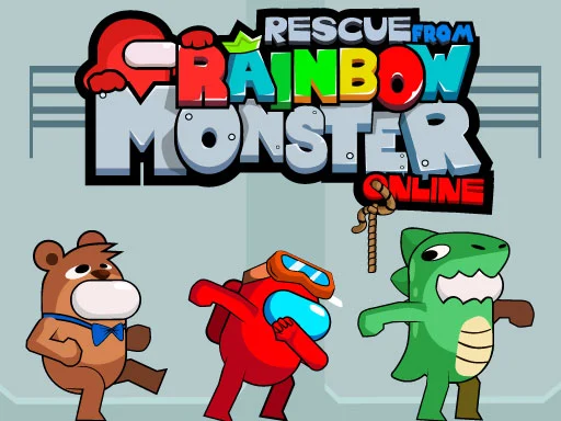 Image of three colorful and animated characters from Rescue from Rainbow Monster Online, showcasing a bear in a blue bowtie, a red figure with goggles in a running pose, and a green dinosaur standing confidently. The vibrant title "Rescue from Rainbow Monster Online" appears above them, emphasizing the fun and adventurous theme of the game.