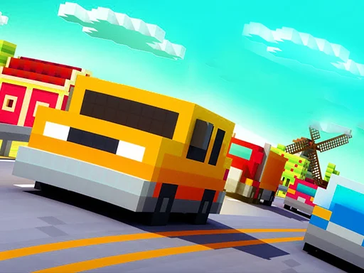 Image of a vibrant block-style yellow car speeding down a sunny road, surrounded by colorful pixelated vehicles. In the background, there are charming block-style buildings, a clear blue sky with fluffy white clouds, and a windmill adding to the lively atmosphere.