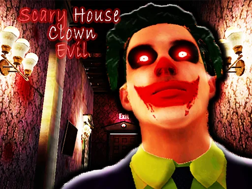 Image of a creepy clown with glowing red eyes, a smeared red smile, wearing a green shirt and tie, standing in a dimly lit hallway with patterned wallpaper and vintage lighting, evoking a sinister atmosphere.