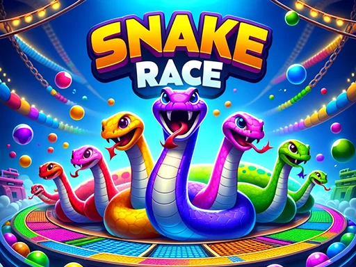 Image of colorful snakes in a vibrant arena under bright lights, showcasing the title "Snake Race" in bold letters at the top. The snakes are in various shades, including purple, green, and yellow, surrounded by colorful balls and a dynamic background featuring a festive gaming environment