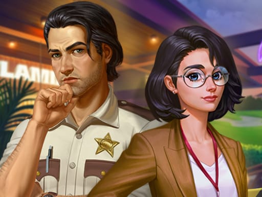 Image of two animated characters from Solitaire Crime Stories: a serious-looking sheriff in a beige uniform with a star badge, standing thoughtfully with his hand on his chin, alongside a confident woman wearing glasses and a brown blazer. The background features a colorful and detailed setting, including a building with warm lighting and a serene outdoor scene.