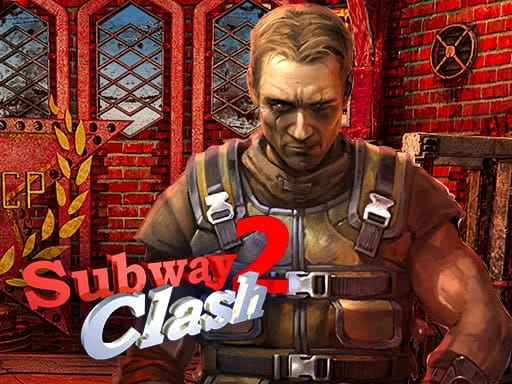 Image of the Subway Clash 2 thumbnail featuring a muscular soldier in tactical gear, standing in a red-bricked industrial setting with metal gates and Soviet-era symbols in the background. The game title "Subway Clash 2" is prominently displayed in bold, stylized lettering. 🔥🎯