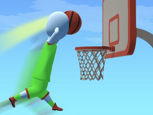 Image of a stickman character in a green basketball uniform performing a slam dunk in Tallman Dunk Rush. The character is mid-air, holding a basketball with one hand, aiming for the hoop. A motion blur effect trails behind, emphasizing speed. The basketball hoop is attached to a red backboard against a bright blue sky. 🏀