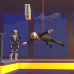 Image of a suited man suspended in mid-air by a red rope, reaching forward dramatically, while a humanoid robot stands nearby with its back turned. A briefcase dangles above in a dimly lit room with large windows, revealing a plane flying in the background. The scene has a cinematic, stealth-action atmosphere.