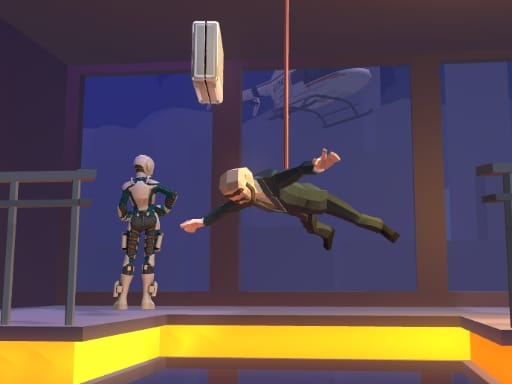 Image of a suited man suspended in mid-air by a red rope, reaching forward dramatically, while a humanoid robot stands nearby with its back turned. A briefcase dangles above in a dimly lit room with large windows, revealing a plane flying in the background. The scene has a cinematic, stealth-action atmosphere.