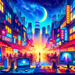 Image of a vibrant neon-lit cityscape with computer screens and a plush toy in the foreground.