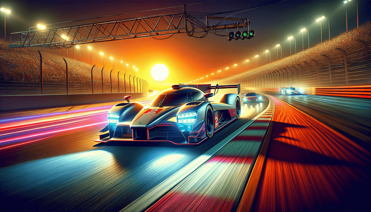 Image of a race car speeding on a track under bright lights and a setting sun in the background.