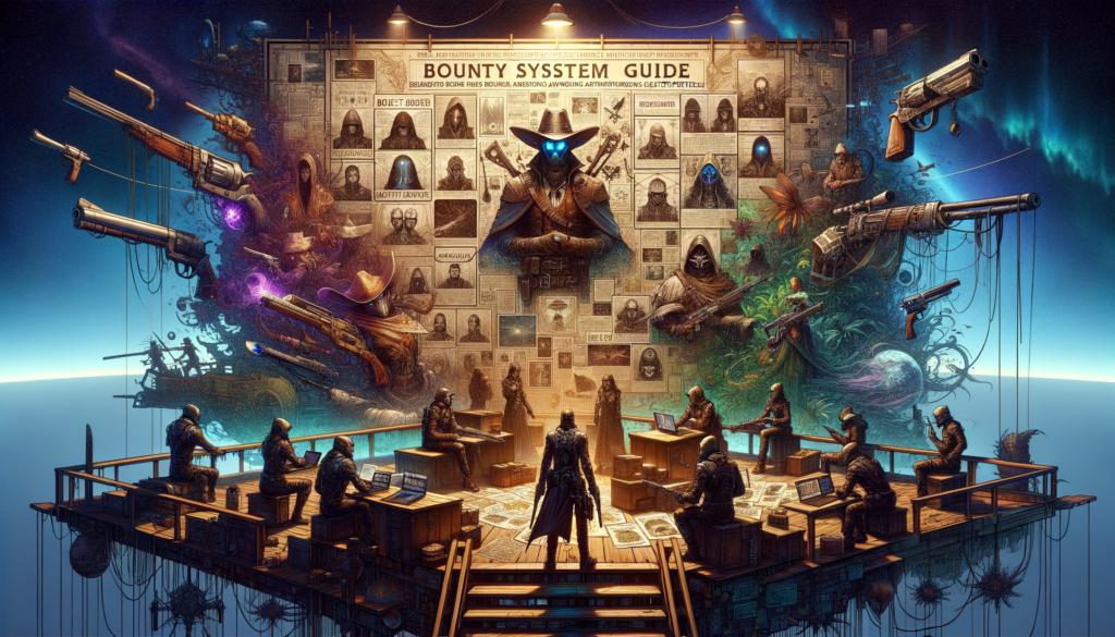 Image of a futuristic bounty system room with armed figures, holograms, and abundant wanted posters.