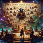 Image of a futuristic bounty system room with armed figures, holograms, and abundant wanted posters.