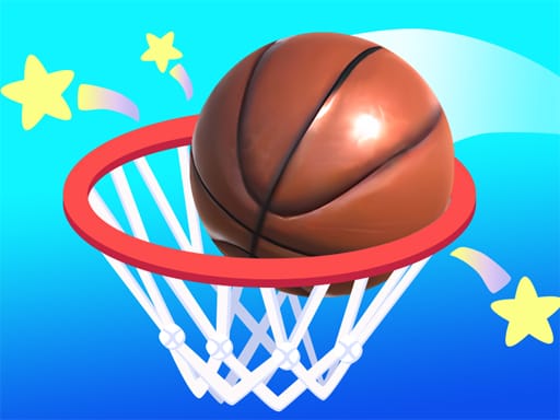 Image of a basketball mid-air above a red hoop and net, set against a vibrant blue background with colorful stars and streaks for a playful vibe.