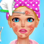 Image of a virtual beauty makeover game featuring a character with blemishes and acne. The image includes tools like tweezers, cotton swabs, skincare products, and medical instruments used for facial treatments, with a bright blue background.