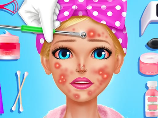 Image of a virtual beauty makeover game featuring a character with blemishes and acne. The image includes tools like tweezers, cotton swabs, skincare products, and medical instruments used for facial treatments, with a bright blue background.