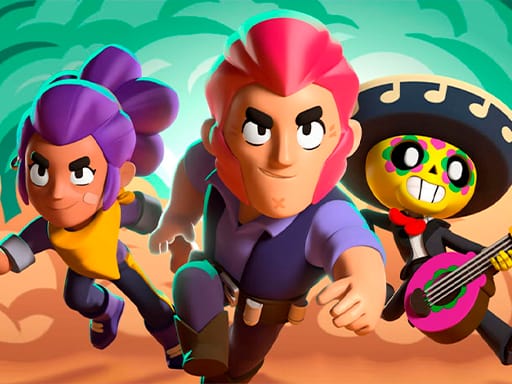 Image of three dynamic characters from Brawlers Arena Battle Stars running forward with determined expressions. A masked skeleton plays a guitar, while the other two wield unique outfits and hairstyles. The background features a blurred green jungle-like setting, emphasizing action and movement.