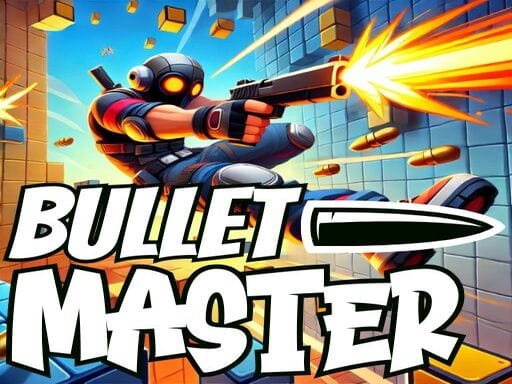 Image of a dynamic game cover for "Bullet Master," featuring a masked character in action, firing a gun with flying bullets and vibrant block-like elements in the background.