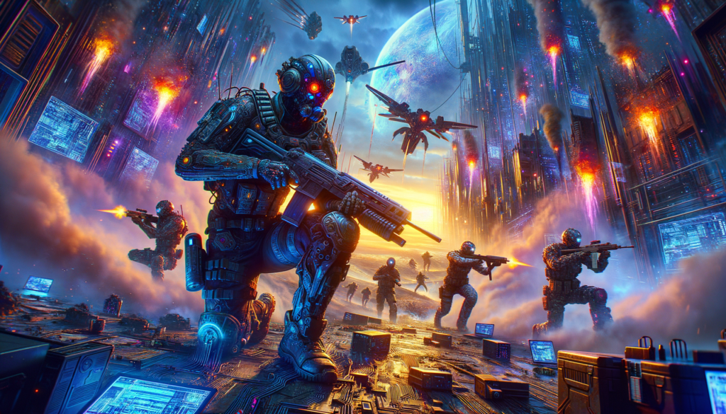 Image of a futuristic battle scene with armored soldiers and drones in a vibrant cityscape.