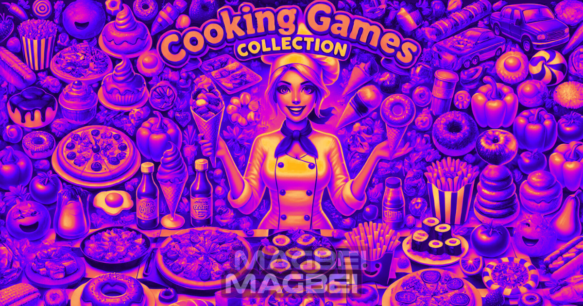 Image of a vibrant and colorful "Cooking Games Collection" thumbnail featuring a cheerful female chef in a white uniform and hat, holding ice cream cones in both hands. She is surrounded by a wide variety of food items, including pizza, fries, sushi, burgers, cupcakes, donuts, peppers, and other ingredients. The background is filled with an assortment of delicious-looking dishes and snacks, creating a lively and inviting scene. The "Cooking Games Collection" title is prominently displayed at the top, with the "Magbei" logo at the bottom.