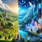 Image of a fantasy realm split between a bright medieval scene and a mystical, glowing world.