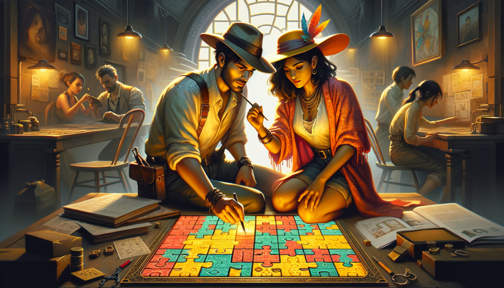 Image of a couple in hats solving a colorful puzzle, seated at a dimly lit, vintage-style table.