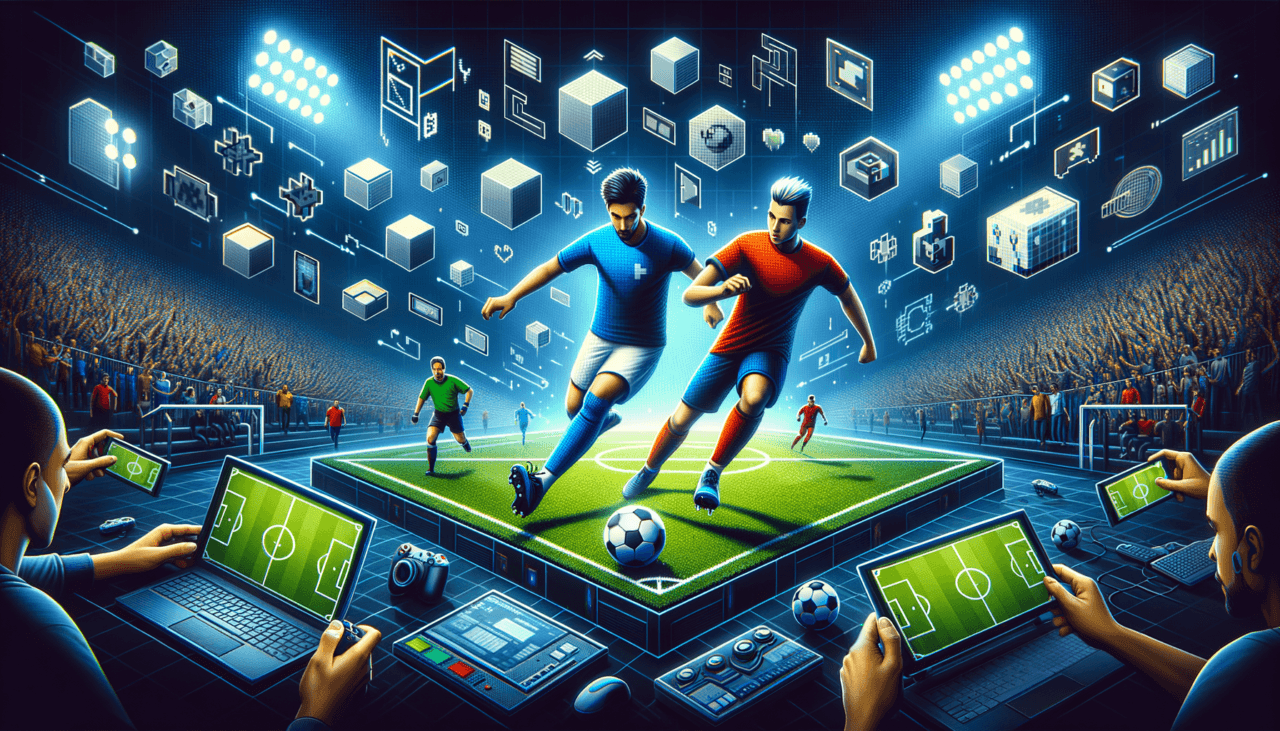 Image of a digital soccer simulation with players on a virtual field, surrounded by tech devices.