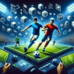 Image of a digital soccer simulation with players on a virtual field, surrounded by tech devices.