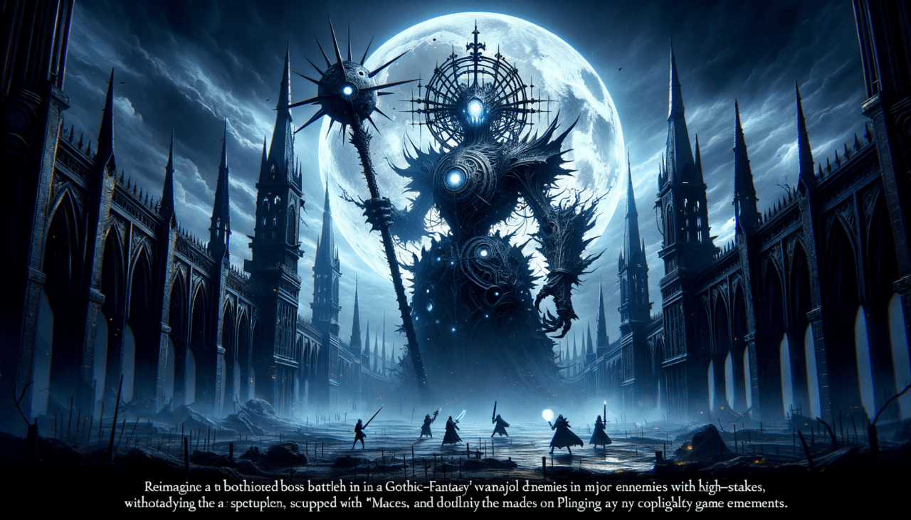 Image of a towering, spiked figure holding a staff in a dark, gothic landscape under a full moon.