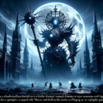 Image of a towering, spiked figure holding a staff in a dark, gothic landscape under a full moon.