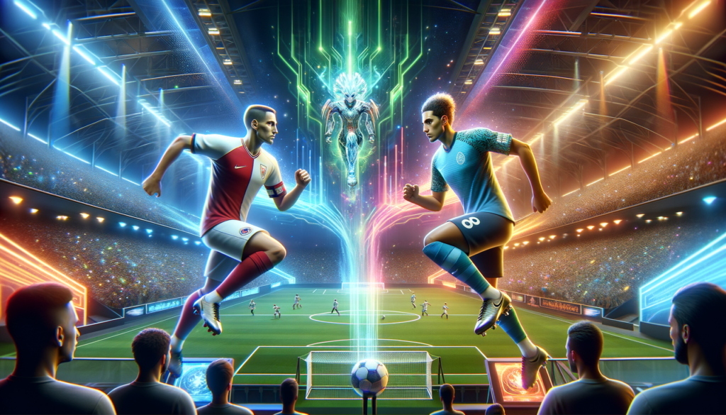 eMLS Cup 2025: The Ultimate Clash of Soccer and Esports Returns! Image of two soccer players facing off in a futuristic stadium with a glowing central figure.