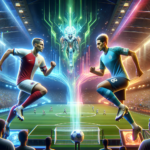 Image of two soccer players facing off in a futuristic stadium with a glowing central figure.