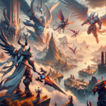 Image of a fantasy landscape with armored figures and winged creatures amidst towering structures.