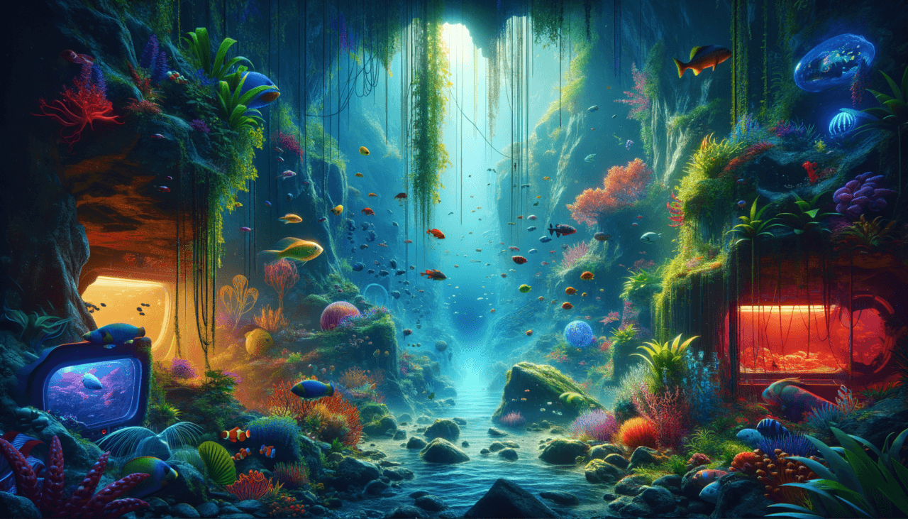 Image of a vibrant underwater cave teeming with colorful coral, fish, and glowing marine life.