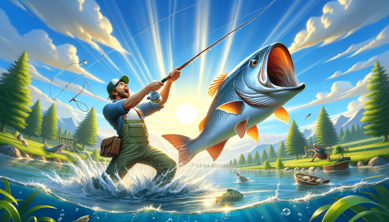 Image of a fisherman joyfully catching a large fish under a bright sun, surrounded by nature.