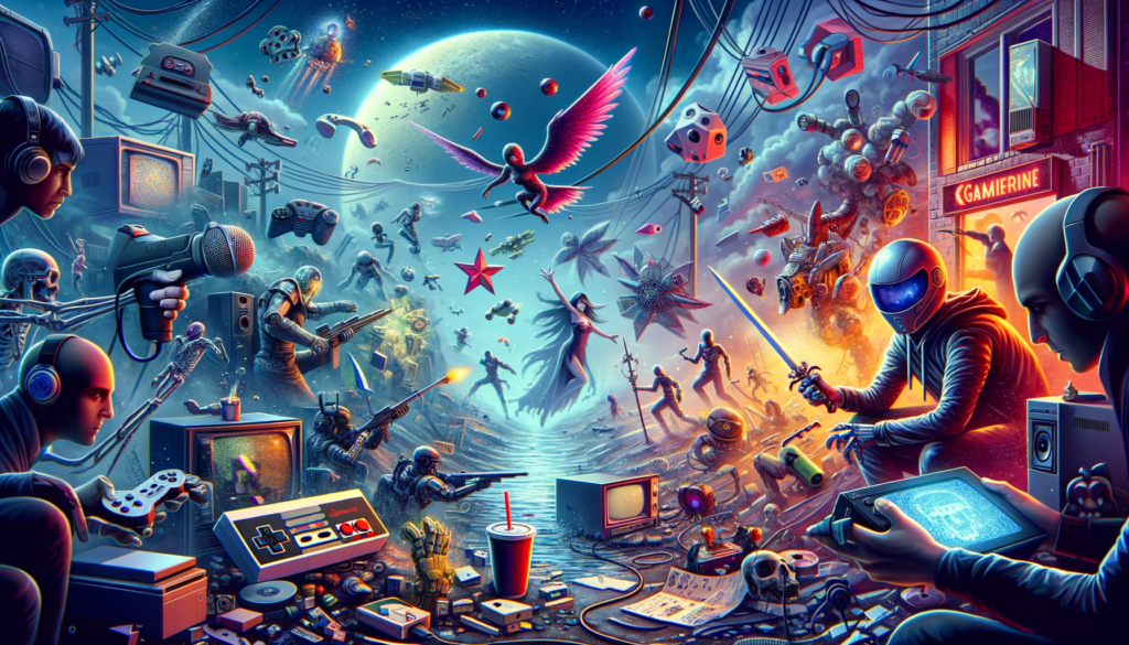 Image of a vibrant, futuristic digital world with people gaming and surreal, floating elements.