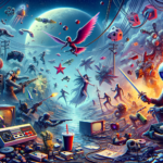 Image of a vibrant, futuristic digital world with people gaming and surreal, floating elements.