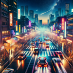 Image of a bustling city street at dusk, filled with neon signs, pedestrians, and moving cars.