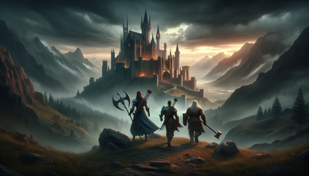 Image of three adventurers approaching a misty, illuminated castle set in a mountainous landscape.