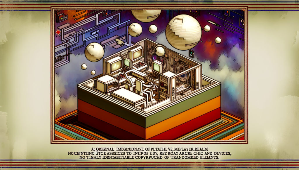 Image of a retro-futuristic room with computers, chairs, and floating spheres in a colorful space.