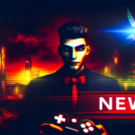 Image of a futuristic cityscape with a man in a suit holding a gaming controller, and text "NEWS".
