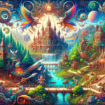 Image of a vivid fantasy landscape with intricate castles, lush forests, and mystical creatures.