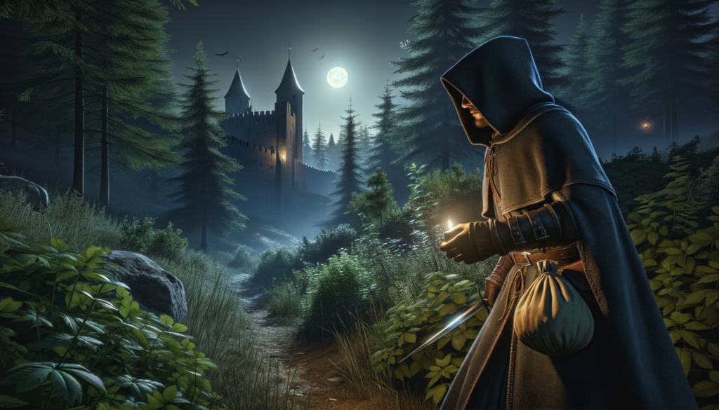 Kingdom Come 2: How to Find and Use Poison for Stealthy Tactics Image of a hooded figure holding a candle in a moonlit forest near a distant medieval castle.