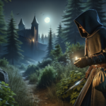 Image of a hooded figure holding a candle in a moonlit forest near a distant medieval castle.