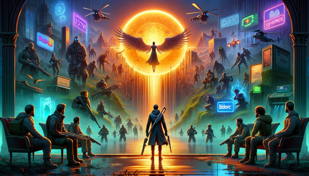 Image of a futuristic scene with a winged figure, armed individuals, neon signs, and mountains.