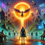 Image of a futuristic scene with a winged figure, armed individuals, neon signs, and mountains.