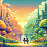 Image of two people walking toward a fantasy city skyline, vibrant trees, and a sunset sky.